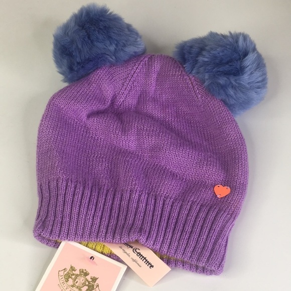 New Juicy Couture Girls Pom Pom Beanie Purple Blue $48 - Picture 1 of 6